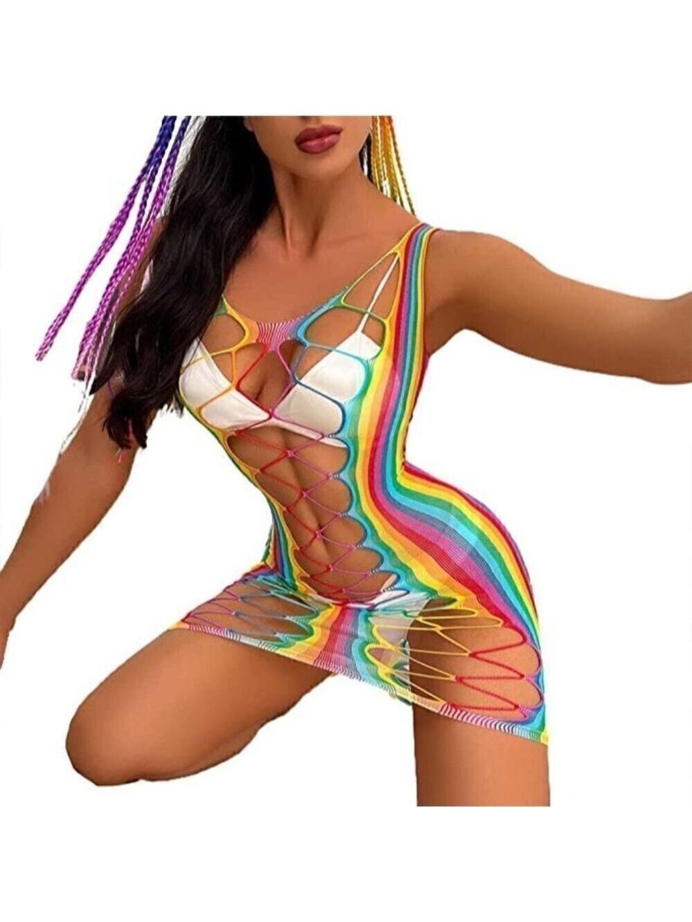 🌈 Rainbow Fishnet Stockings Mesh Lingerie Bodysuit Party Rave Boho Cosplay NWT